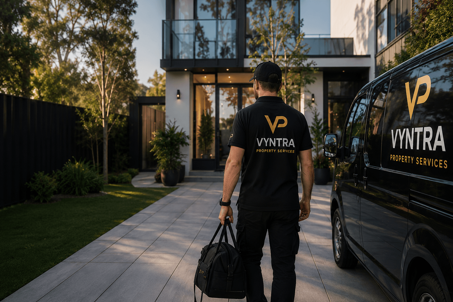 A Vyntra team member in branded uniform arriving at a premium Sydney property