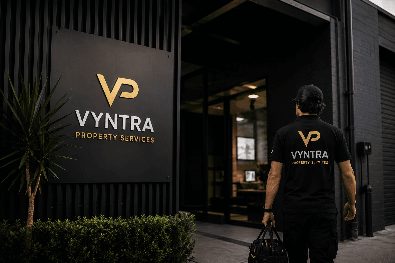 The Vyntra Property Services office signage and branded team