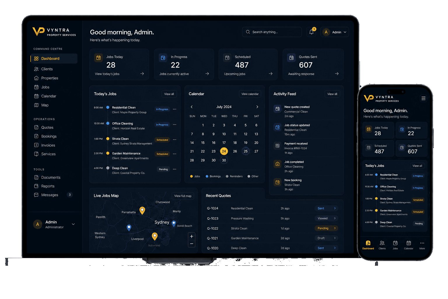 The Vyntra OS dashboard showing live jobs, scheduling and activity