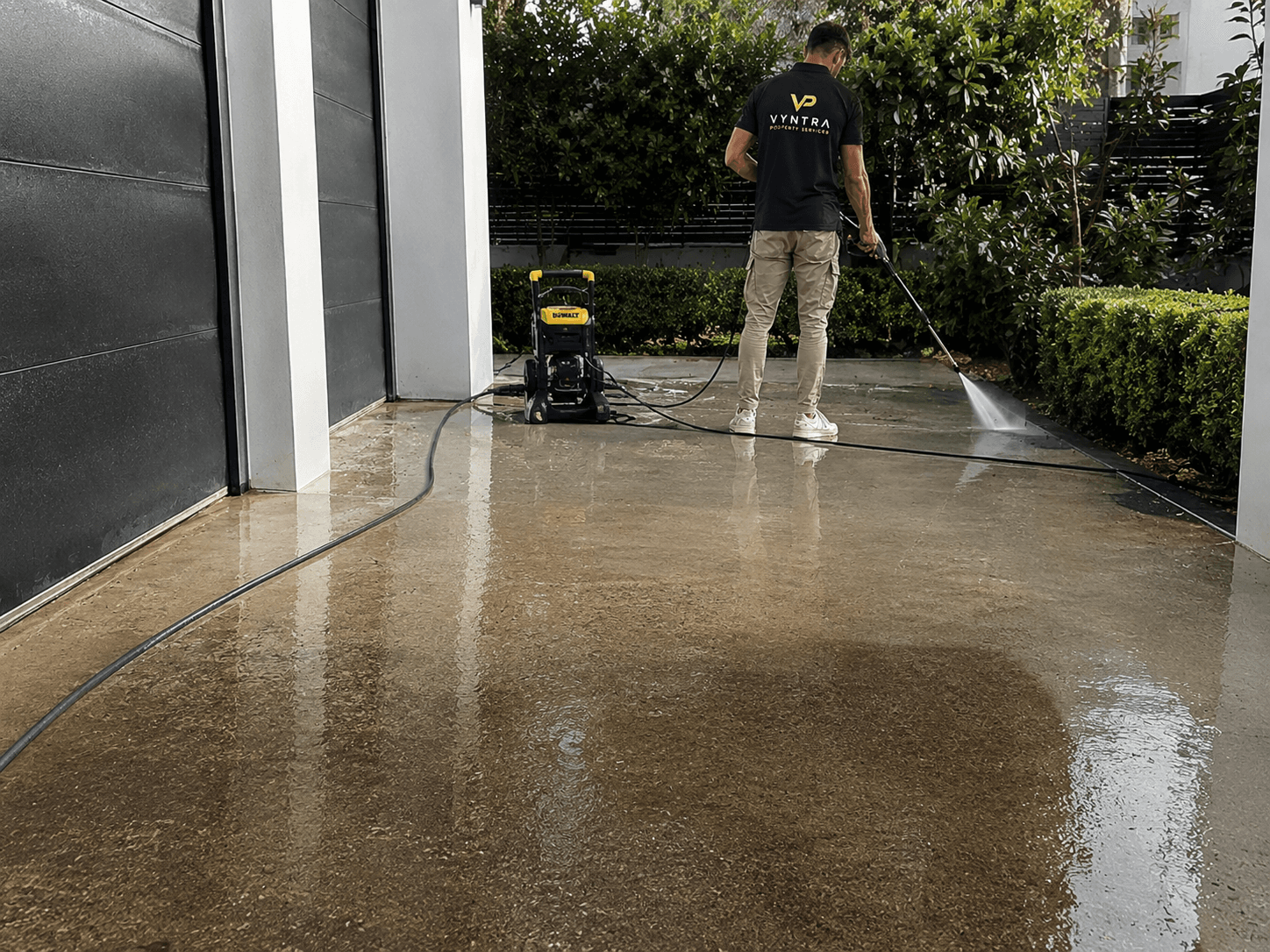 A Vyntra pressure-washing professional at work restoring a driveway with a commercial-grade pressure washer
