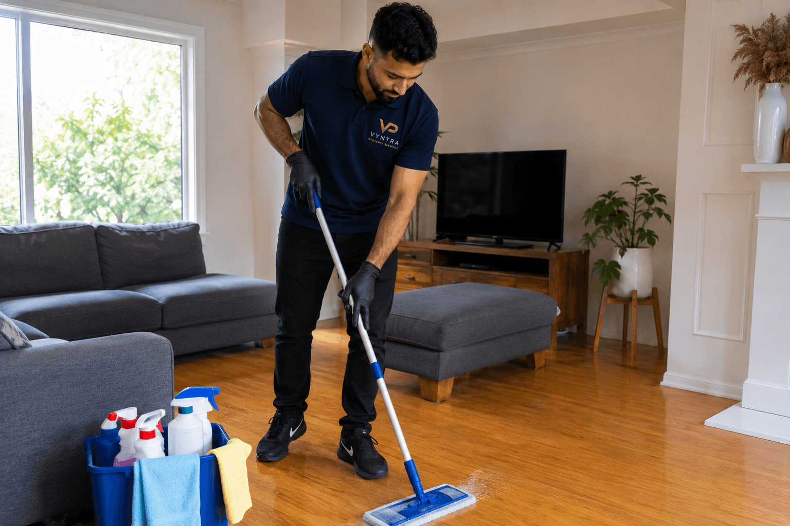 A Vyntra cleaning professional mopping the floor of a modern living room