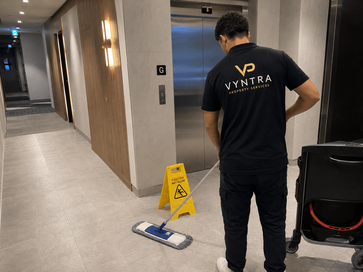A Vyntra cleaning professional mopping the floor of a building lobby beside the lifts